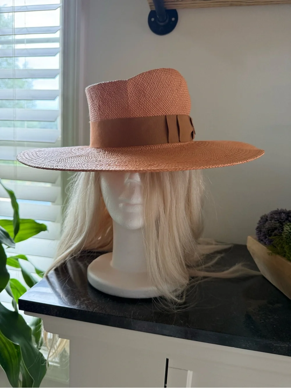Gladys Tamez Straw Wide-Brim Fedora Hat in Peach with Ribbon Band